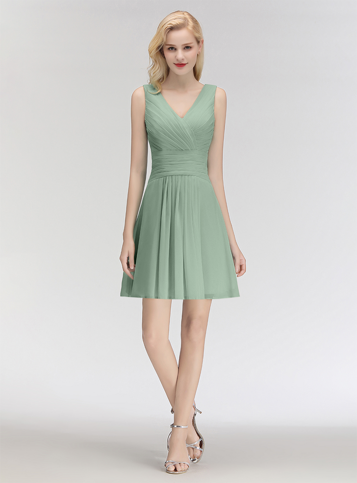 A-line V-Neck Ruched Chiffon Knee-Length Dress-koscy