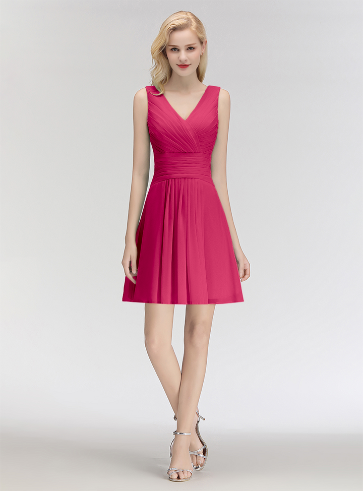 A-line V-Neck Ruched Chiffon Knee-Length Dress-koscy