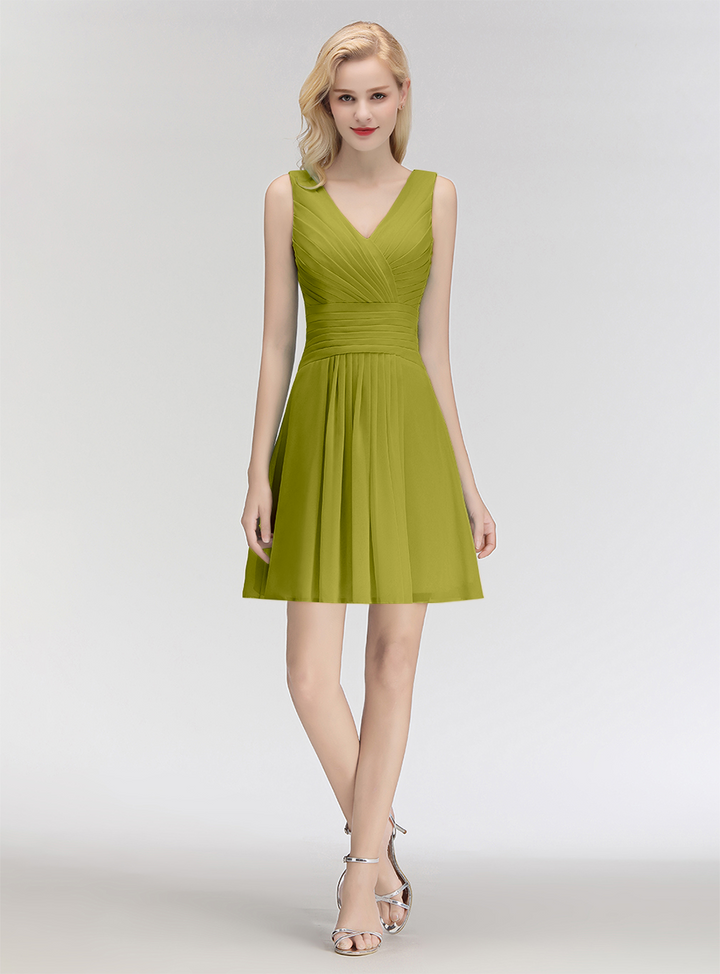 A-line V-Neck Ruched Chiffon Knee-Length Dress-koscy