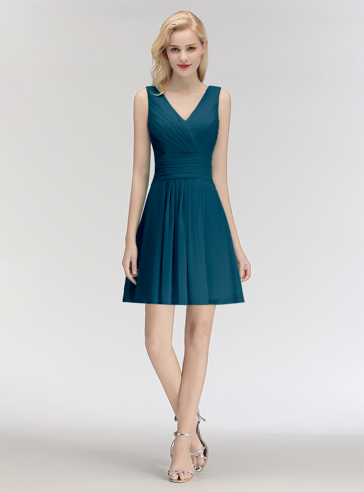 A-line V-Neck Ruched Chiffon Knee-Length Dress-koscy