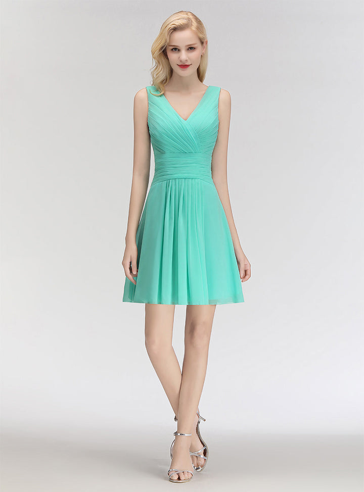 A-line V-Neck Ruched Chiffon Knee-Length Dress-koscy