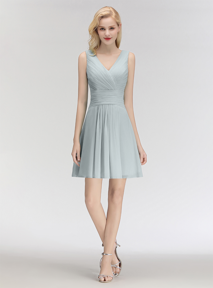 A-line V-Neck Ruched Chiffon Knee-Length Dress-koscy