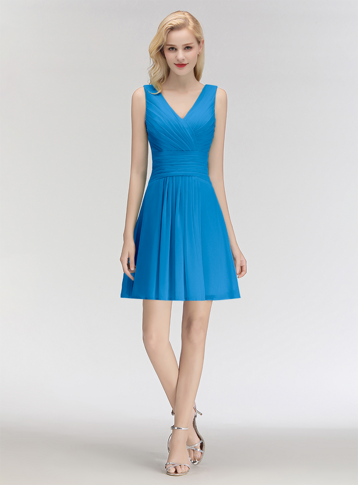 A-line V-Neck Ruched Chiffon Knee-Length Dress-koscy