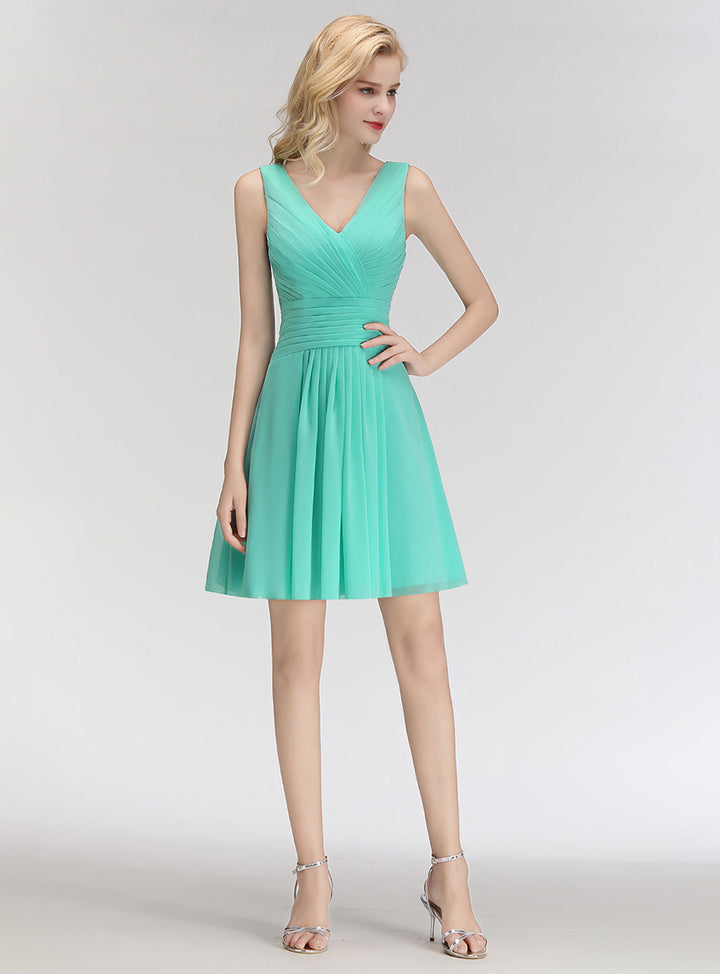 A-line V-Neck Ruched Chiffon Knee-Length Dress-koscy