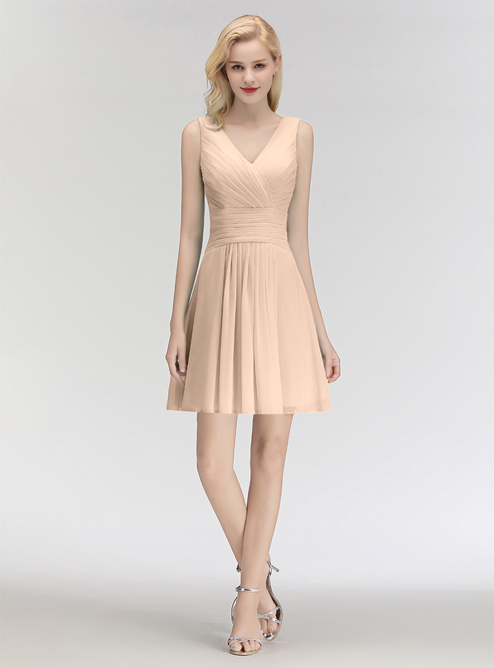 A-line V-Neck Ruched Chiffon Knee-Length Dress-koscy