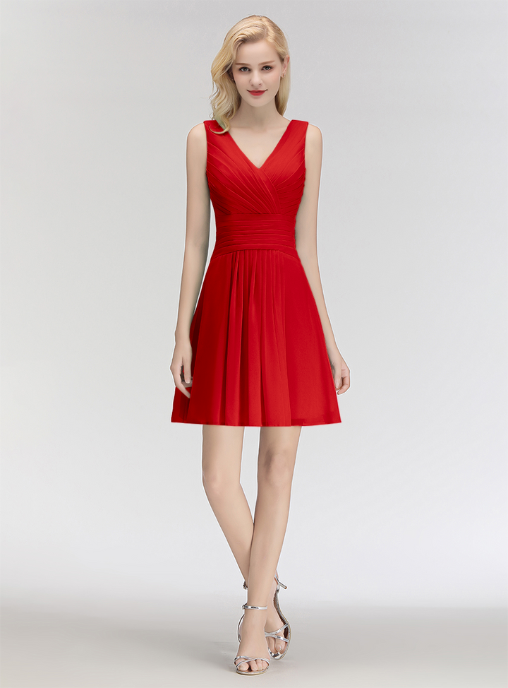 A-line V-Neck Ruched Chiffon Knee-Length Dress-koscy