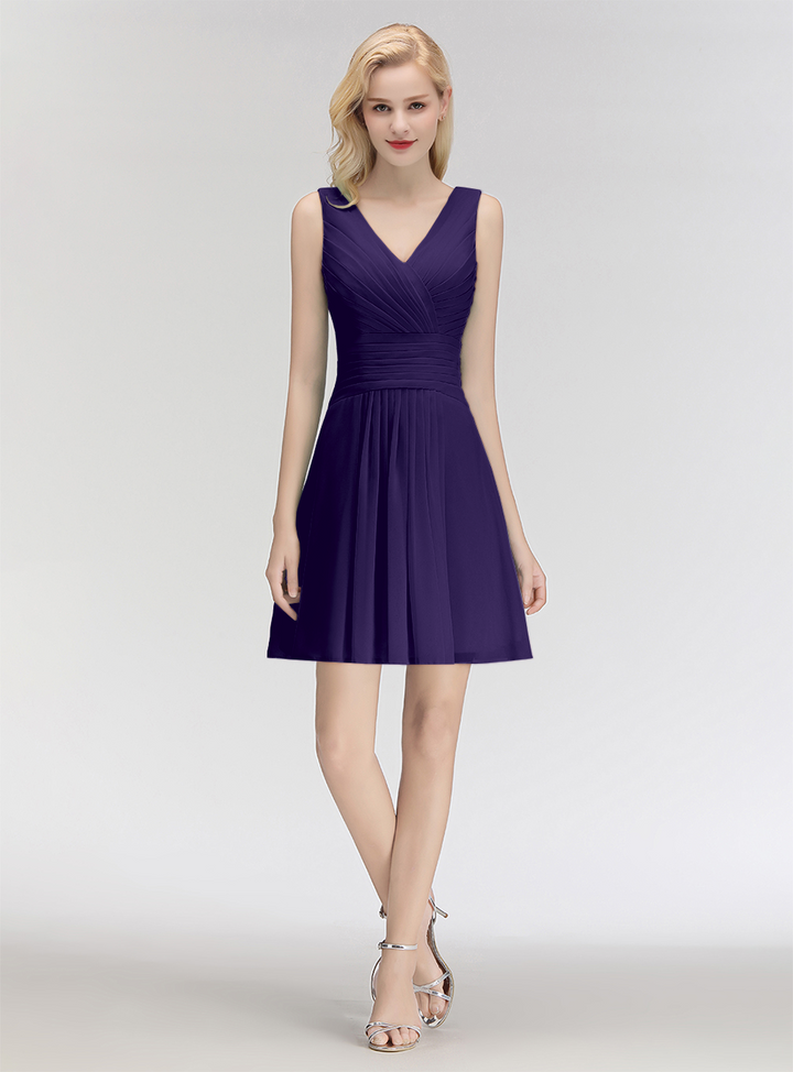 A-line V-Neck Ruched Chiffon Knee-Length Dress-koscy