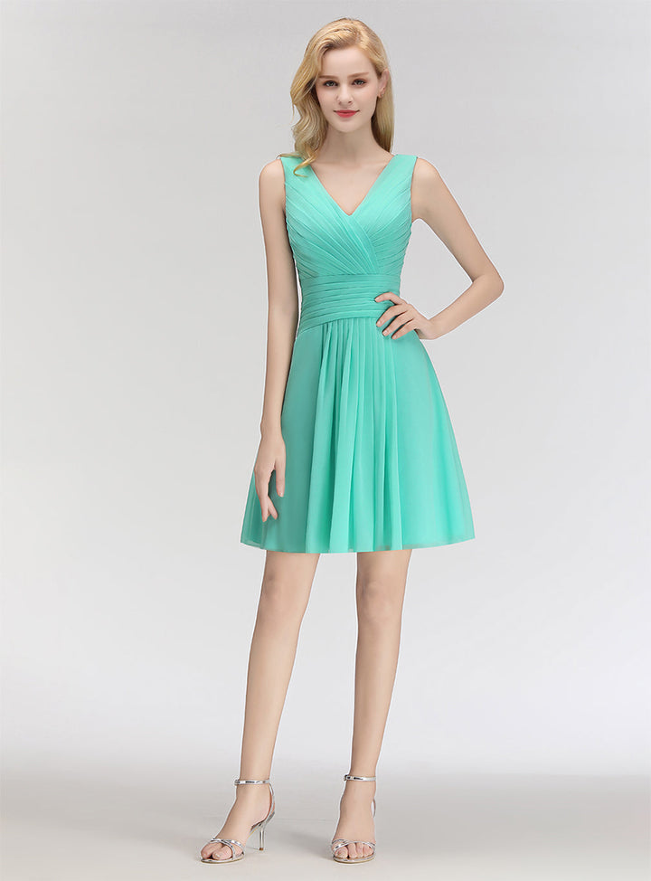 A-line V-Neck Ruched Chiffon Knee-Length Dress-koscy