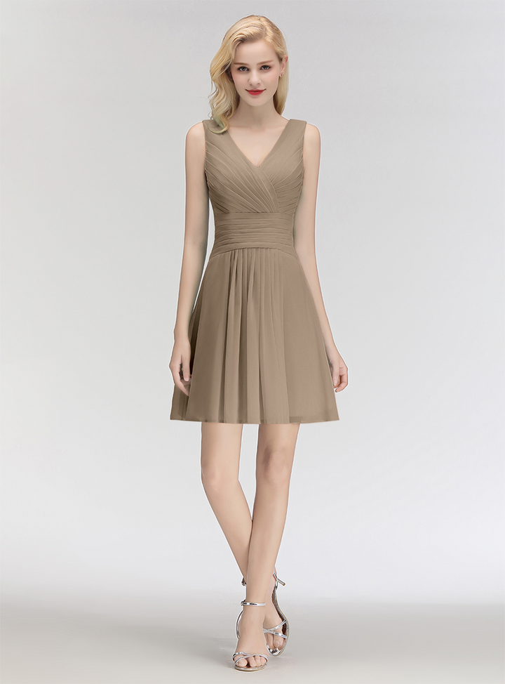 A-line V-Neck Ruched Chiffon Knee-Length Dress-koscy