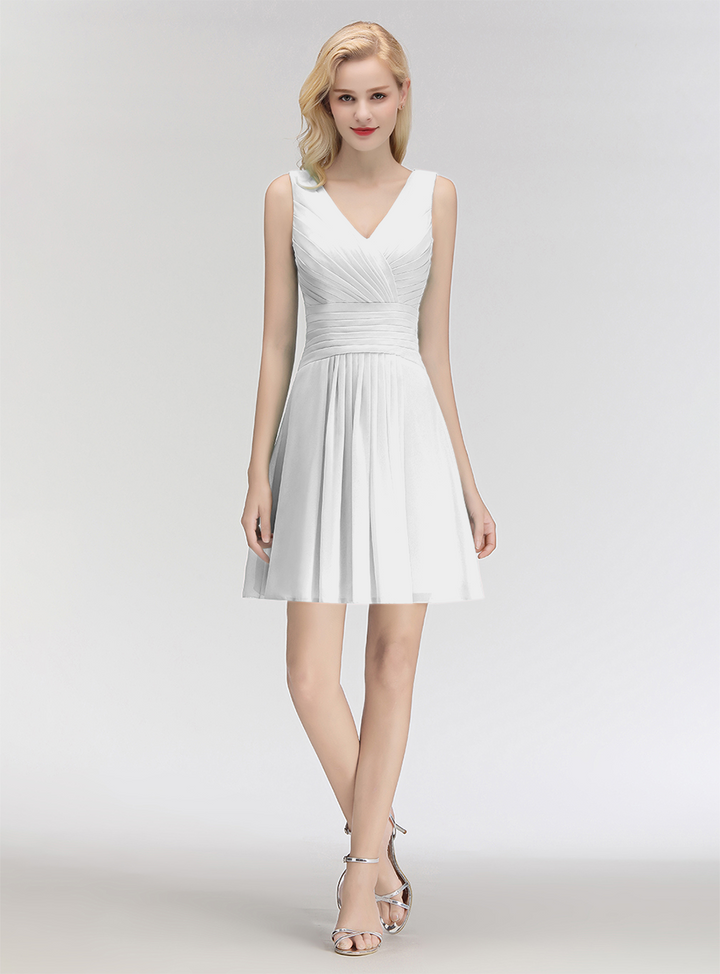 A-line V-Neck Ruched Chiffon Knee-Length Dress-koscy