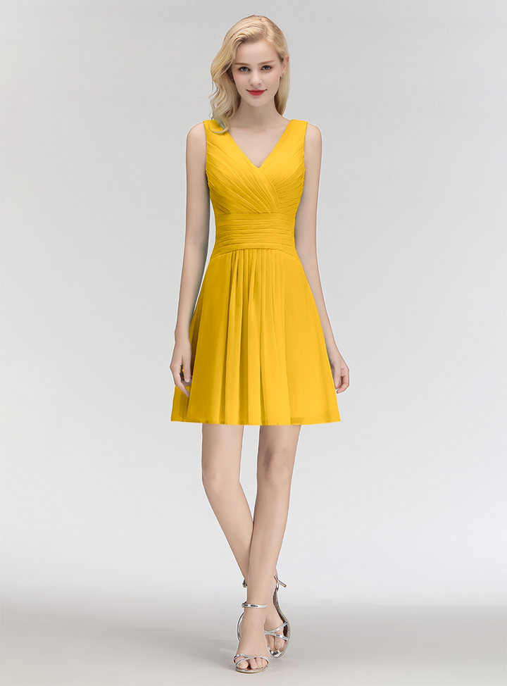 A-line V-Neck Ruched Chiffon Knee-Length Dress-koscy