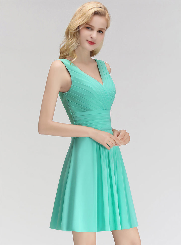 A-line V-Neck Ruched Chiffon Knee-Length Dress-koscy