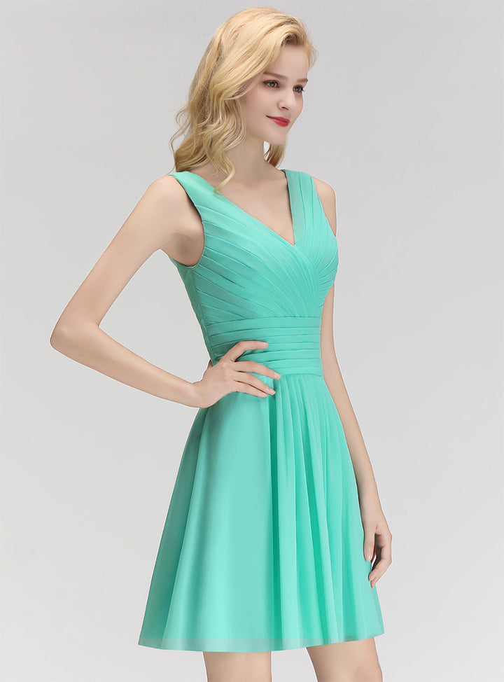 A-line V-Neck Ruched Chiffon Knee-Length Dress-koscy