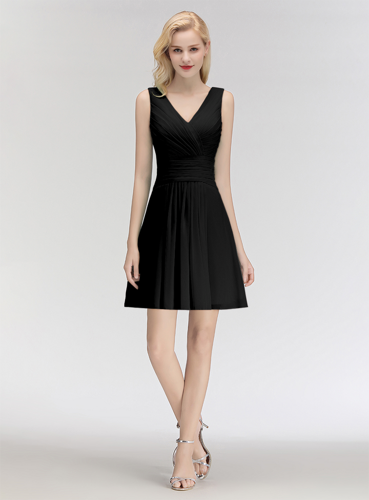 A-line V-Neck Ruched Chiffon Knee-Length Dress-koscy