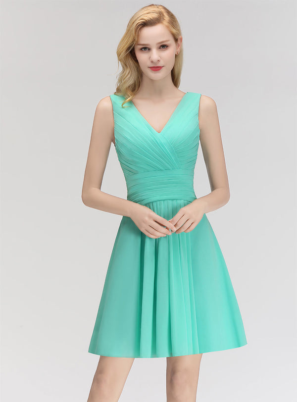 A-line V-Neck Ruched Chiffon Knee-Length Dress-koscy