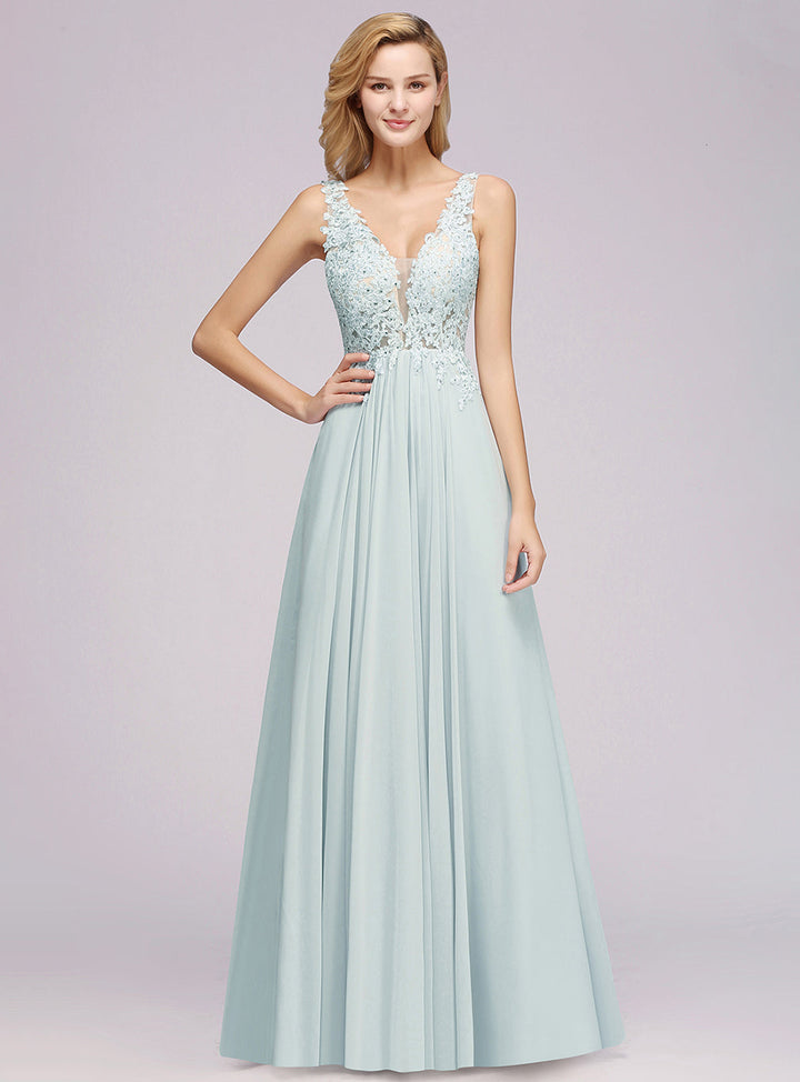 A-line V-Neck Ruched Chiffon Lace Floor-Length Dress-koscy