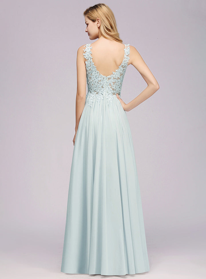 A-line V-Neck Ruched Chiffon Lace Floor-Length Dress-koscy