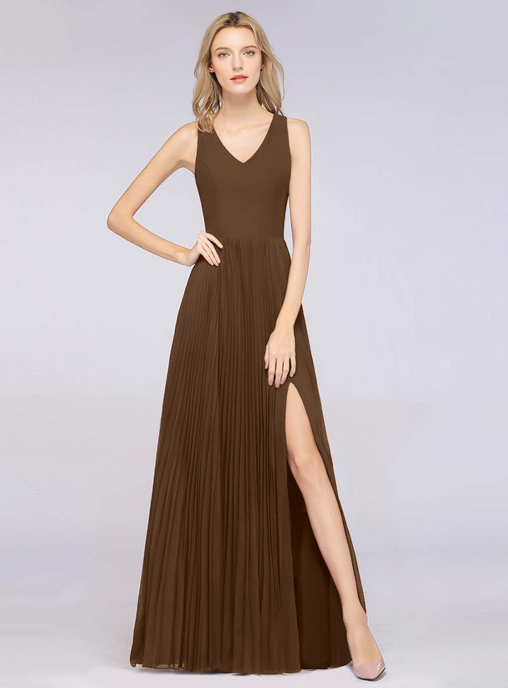 A-line V-Neck Ruffle Chiffon Side Slit Floor-Length Dress Burgundy-koscy