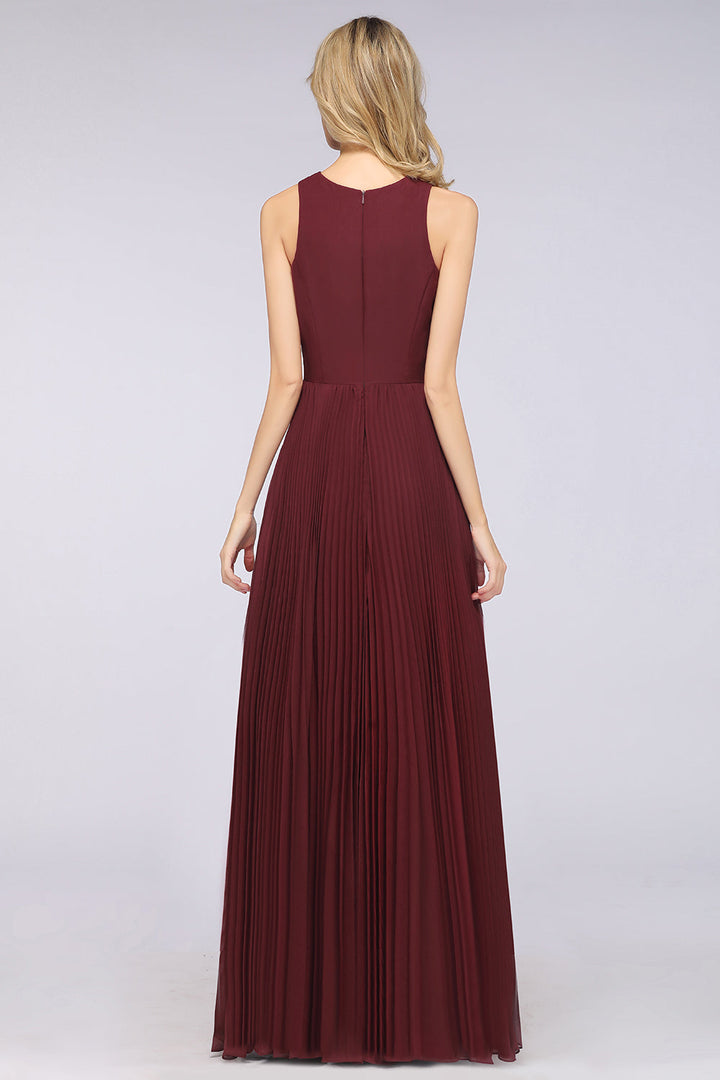 A-line V-Neck Ruffle Chiffon Side Slit Floor-Length Dress Burgundy-koscy