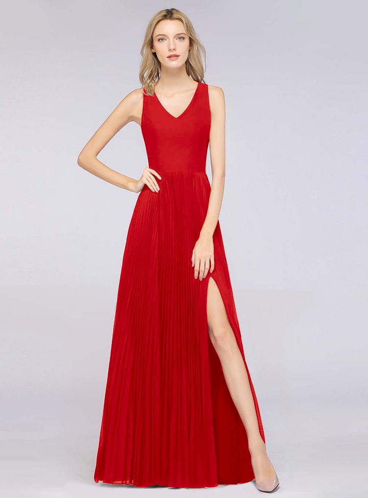 A-line V-Neck Ruffle Chiffon Side Slit Floor-Length Dress Burgundy-koscy