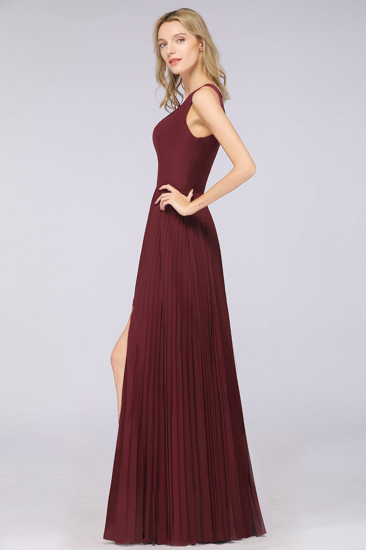 A-line V-Neck Ruffle Chiffon Side Slit Floor-Length Dress Burgundy-koscy