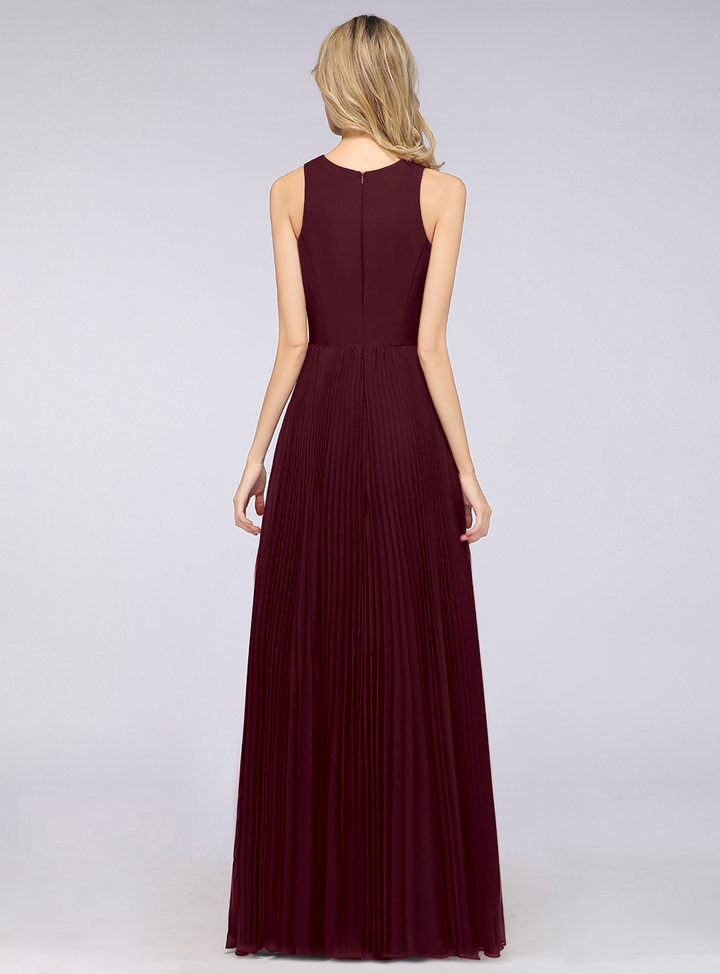 A-line V-Neck Ruffle Chiffon Side Slit Floor-Length Dress Burgundy-koscy