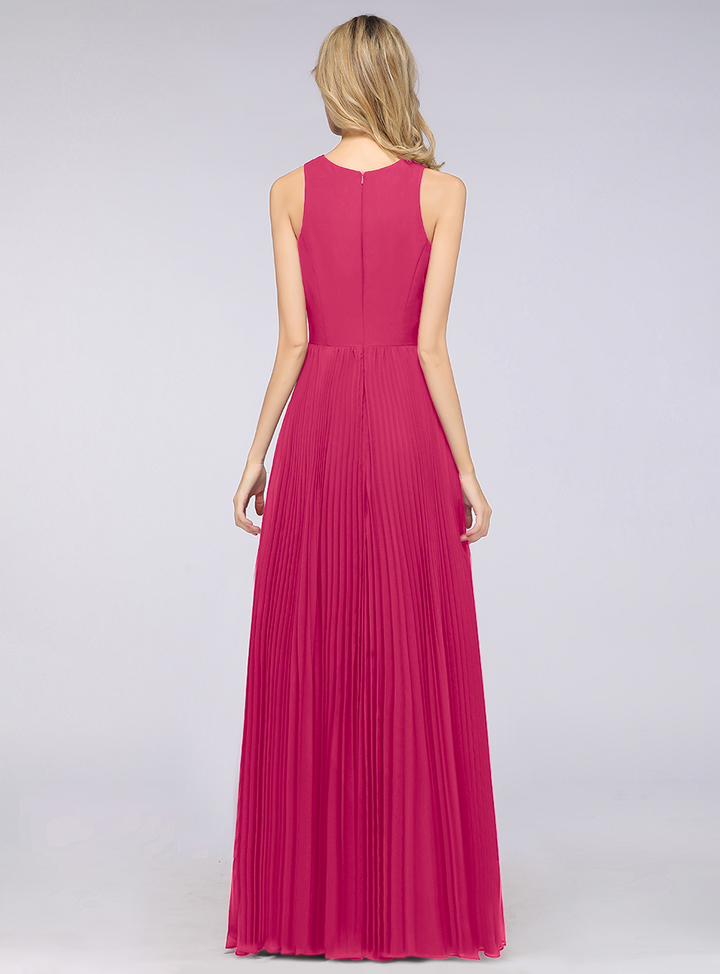 A-line V-Neck Ruffle Chiffon Side Slit Floor-Length Dress Burgundy-koscy