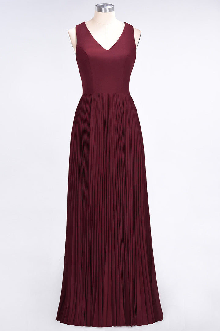 A-line V-Neck Ruffle Chiffon Side Slit Floor-Length Dress Burgundy-koscy