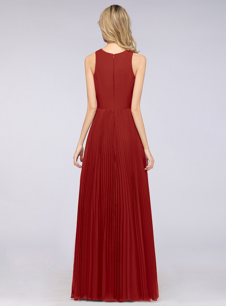 A-line V-Neck Ruffle Chiffon Side Slit Floor-Length Dress Burgundy-koscy