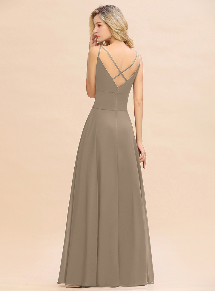 A-line V-Neck Satin Chiffon Floor-Length Dress Burgundy-koscy