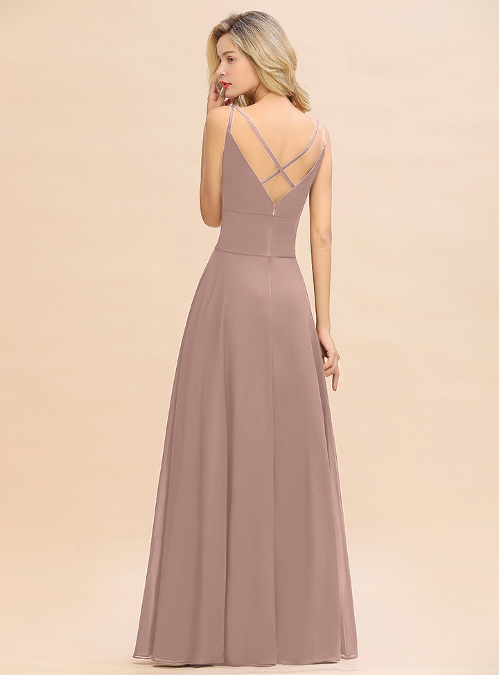 A-line V-Neck Satin Chiffon Floor-Length Dress Burgundy-koscy