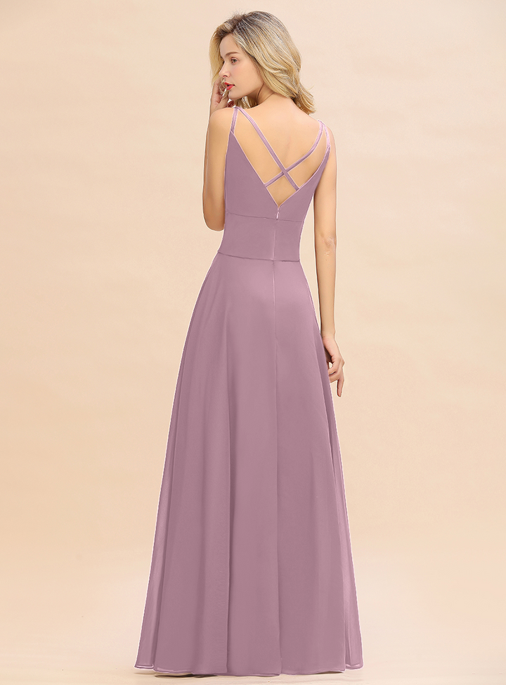 A-line V-Neck Satin Chiffon Floor-Length Dress Burgundy-koscy