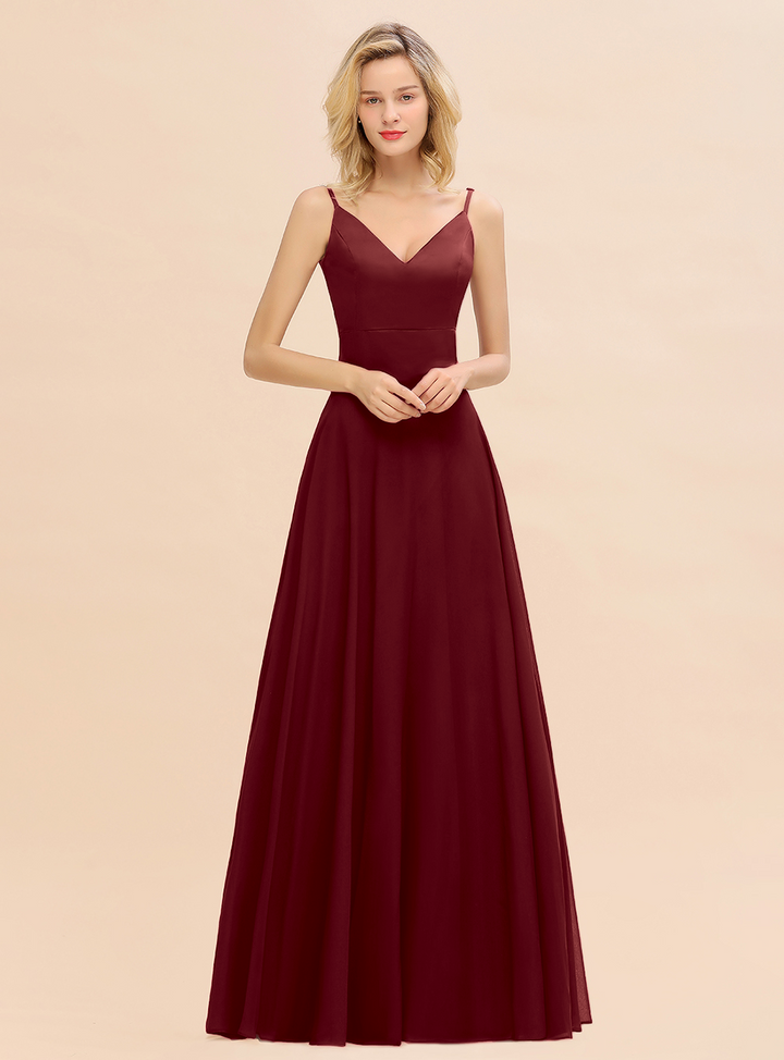 A-line V-Neck Satin Chiffon Floor-Length Dress Burgundy-koscy