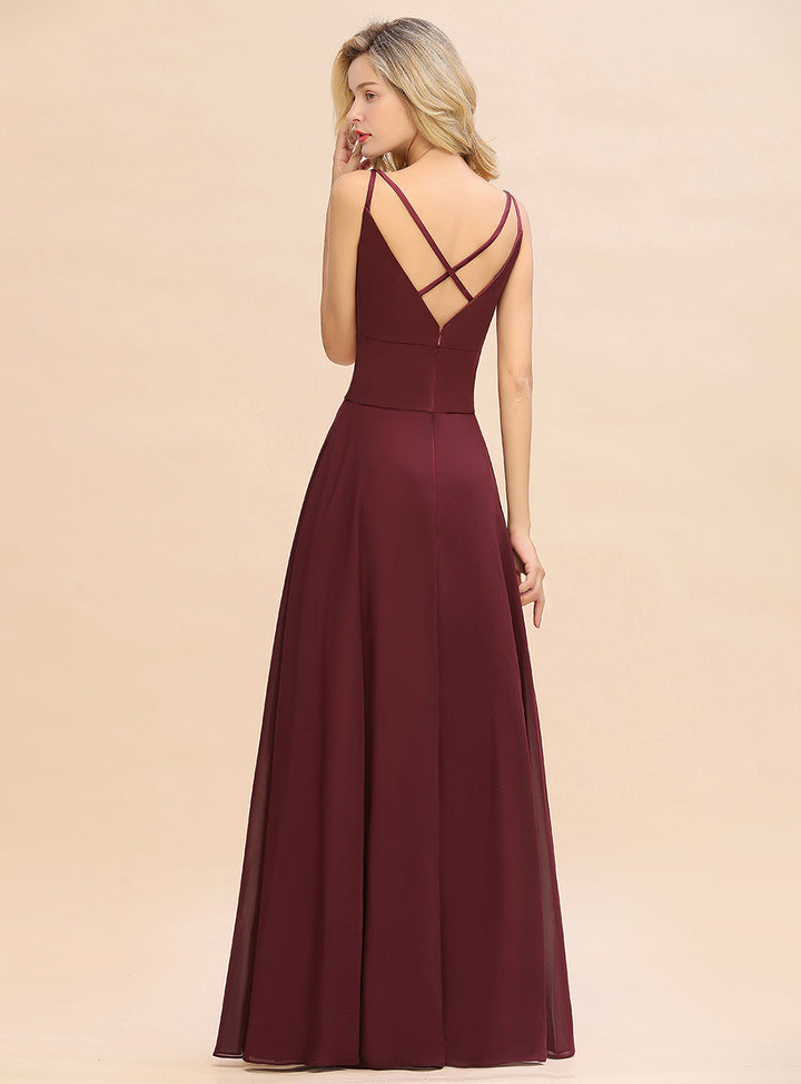 A-line V-Neck Satin Chiffon Floor-Length Dress Burgundy-koscy