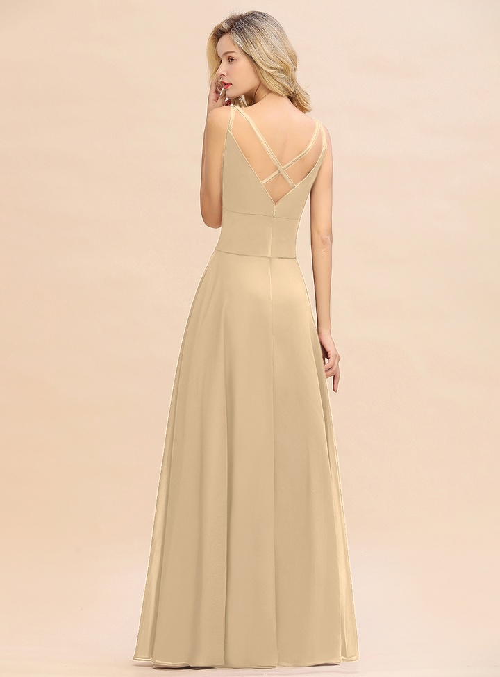 A-line V-Neck Satin Chiffon Floor-Length Dress Burgundy-koscy