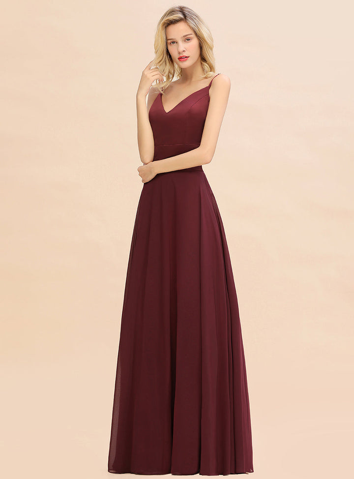 A-line V-Neck Satin Chiffon Floor-Length Dress Burgundy-koscy