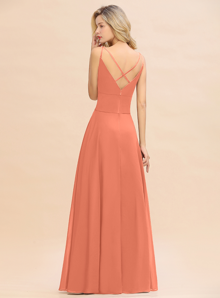 A-line V-Neck Satin Chiffon Floor-Length Dress Burgundy-koscy