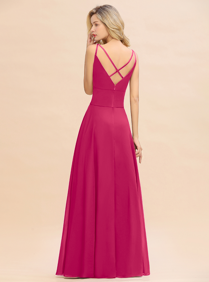 A-line V-Neck Satin Chiffon Floor-Length Dress Burgundy-koscy