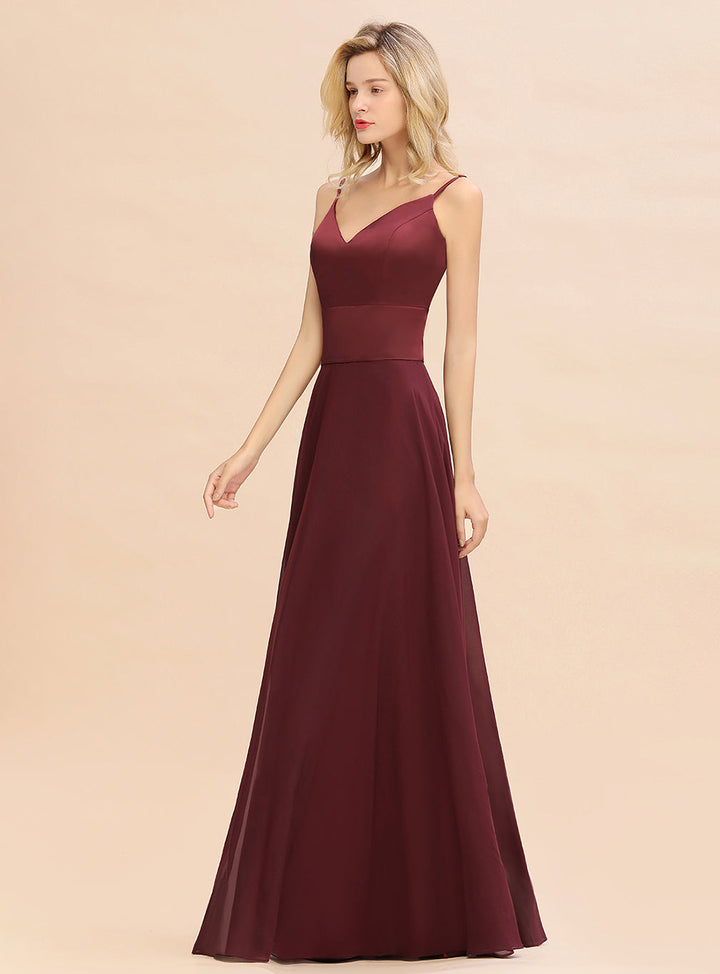 A-line V-Neck Satin Chiffon Floor-Length Dress Burgundy-koscy