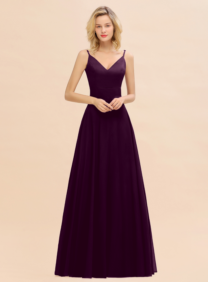 A-line V-Neck Satin Chiffon Floor-Length Dress Burgundy-koscy