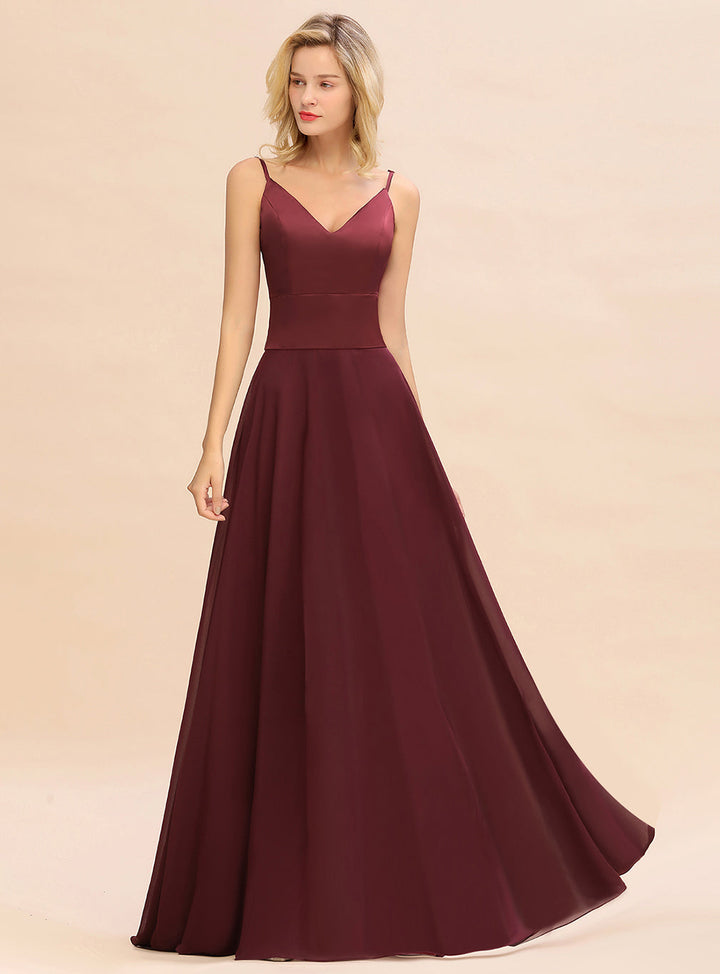 A-line V-Neck Satin Chiffon Floor-Length Dress Burgundy-koscy