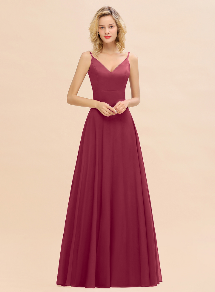 A-line V-Neck Satin Chiffon Floor-Length Dress Burgundy-koscy