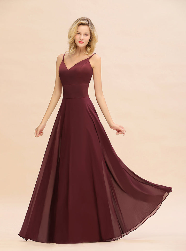 A-line V-Neck Satin Chiffon Floor-Length Dress Burgundy-koscy