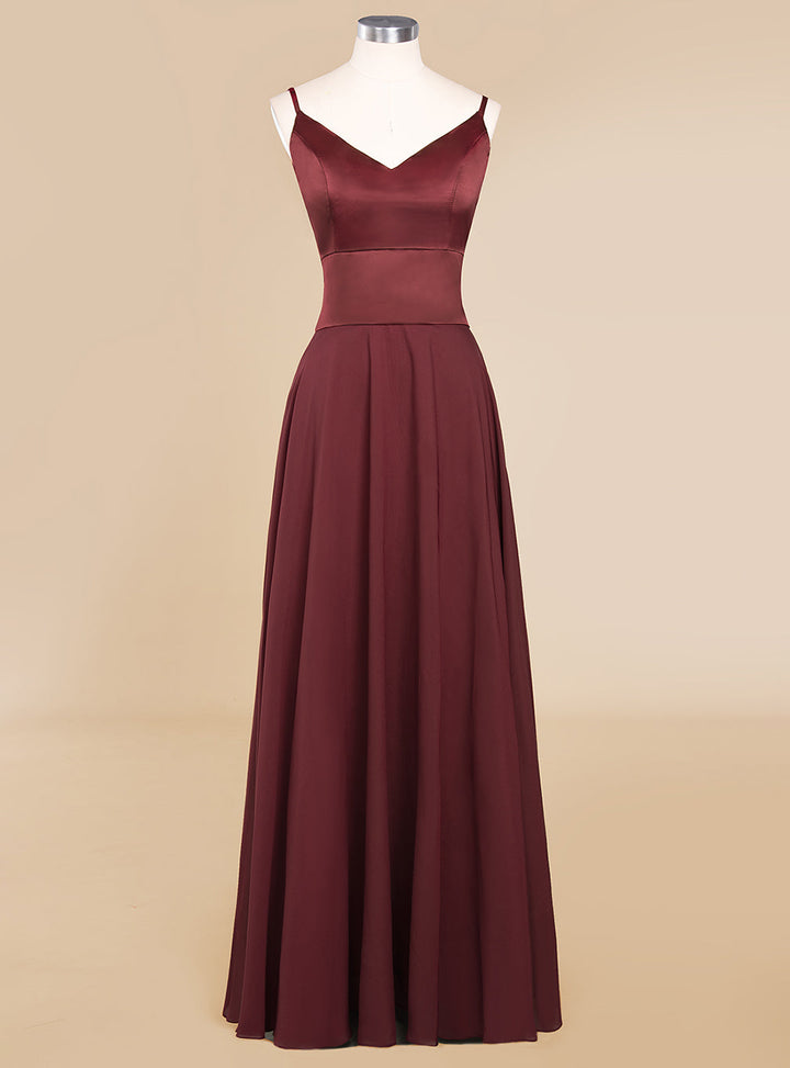 A-line V-Neck Satin Chiffon Floor-Length Dress Burgundy-koscy