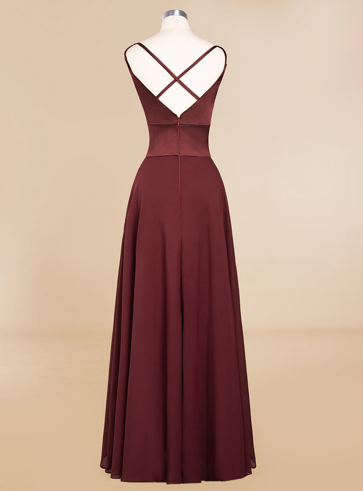 A-line V-Neck Satin Chiffon Floor-Length Dress Burgundy-koscy