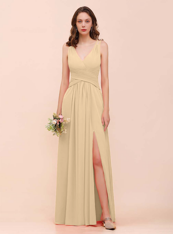 A-Line V-Neck Sleeveless Floor-Length Dress-koscy