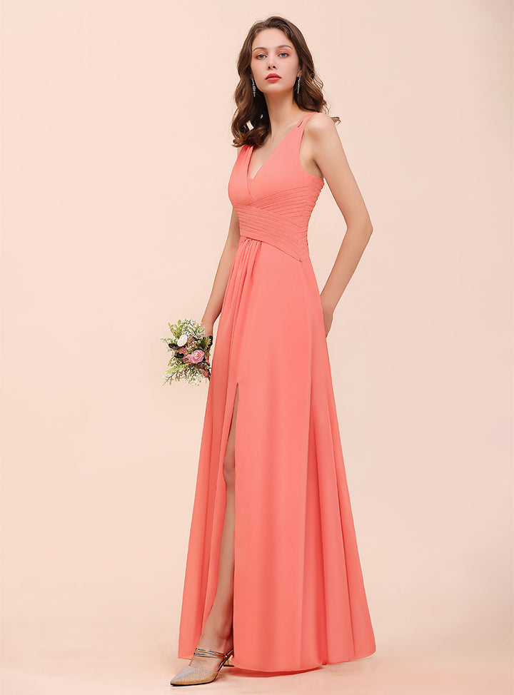 A-Line V-Neck Sleeveless Floor-Length Dress-koscy