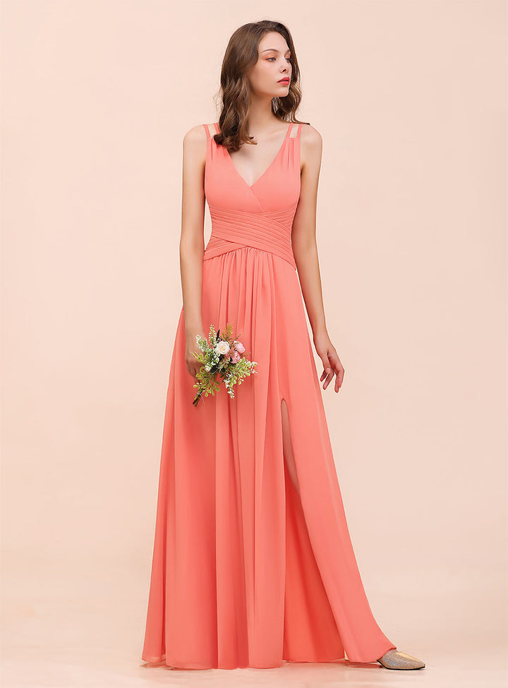 A-Line V-Neck Sleeveless Floor-Length Dress-koscy