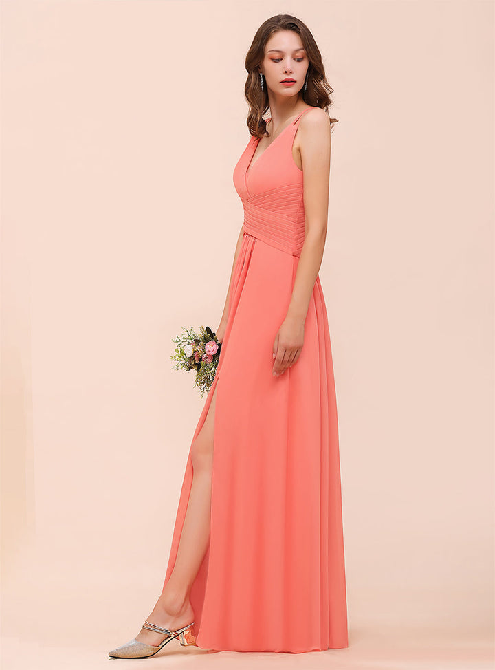 A-Line V-Neck Sleeveless Floor-Length Dress-koscy