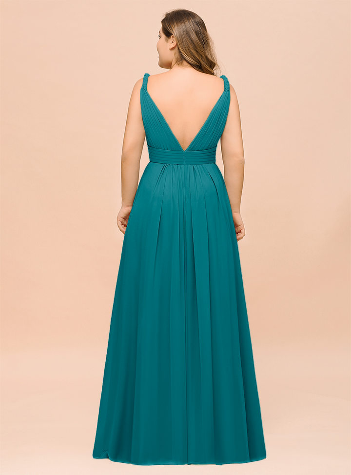 A-Line V-neck Sleeveless Floor-Length Dress-koscy